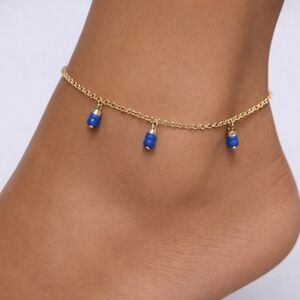 Gold Chain Anklet with Blue Bead Charms – Elegant Women’s Ankle Bracelet Jewelry
